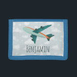 Boy Cute Modern Blue Airplane Kinder Travel Drievoud Portemonnee<br><div class="desc">Dit kinder kaartontwerp van het transportvliegtuig is voorzien van een modern blauw en oranje vliegtuig met een achtergrond van blauwe lucht en wolken,  en kan gepersonaliseerd worden met de naam van uw jongen. Ideaal voor een vliegtuig en een reisliefhebbend kind! Bekijk onze winkel voor andere leuke design.</div>