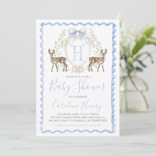 Boy Deer Baby shower Preppy Gingham Blue Kaart (Staand voorkant)