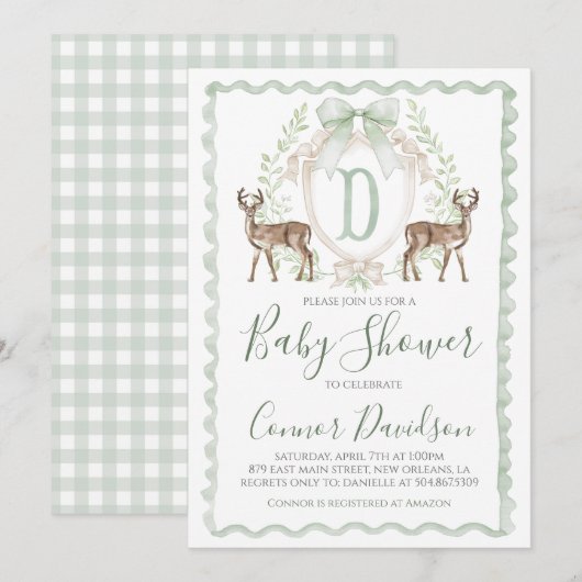 Boy Deer Baby shower Preppy Hunting Sage Green Kaart (Voorkant / Achterkant)