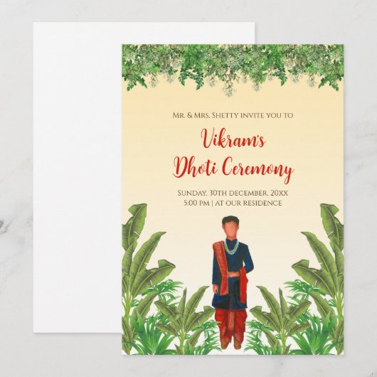 Boy Dhoti ceremonie uitnodiging Pancha Kattu uitno (Voorkant / Achterkant)