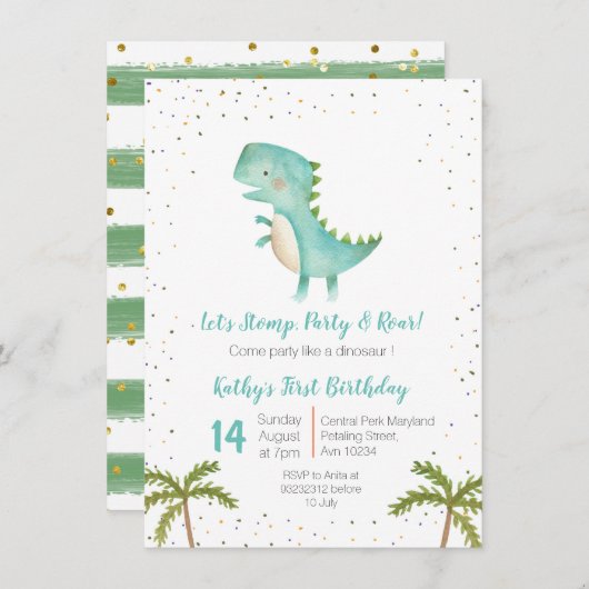 Boy Dino Trex 3rd Birthday Invitation Kaart (Voorkant / Achterkant)