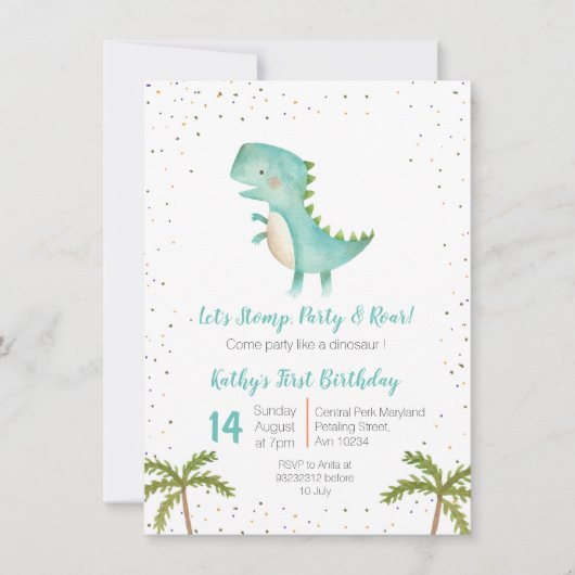 Boy Dino Trex 3rd Birthday Invitation Kaart (Voorkant)