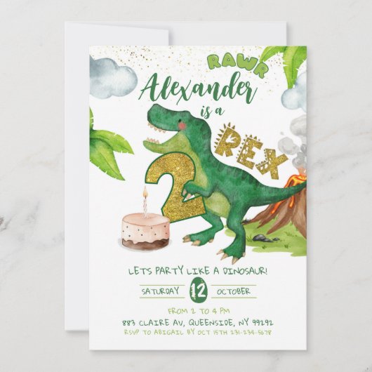 Boy Dinosaur 2-rex birthday Invitation Kaart (Voorkant)