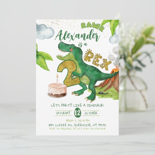 Boy Dinosaur 2-rex birthday Invitation Kaart (Staand voorkant)