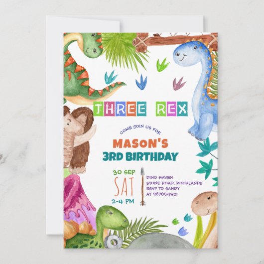 Boy Dinosaur 3rd Birthday Invitation Kaart (Voorkant)