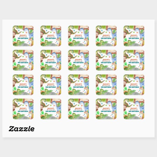 Boy Dinosaur 3rd Birthday Party Vierkante Sticker (Vel)