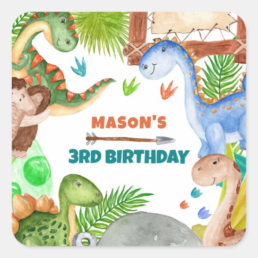 Boy Dinosaur 3rd Birthday Party Vierkante Sticker (Voorkant)