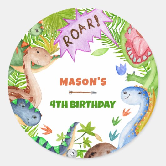 Boy Dinosaur 4th Birthday Invitation Ronde Sticker (Voorkant)