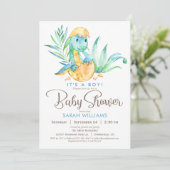 Boy Dinosaur Baby shower Invitation Kaart (Staand voorkant)