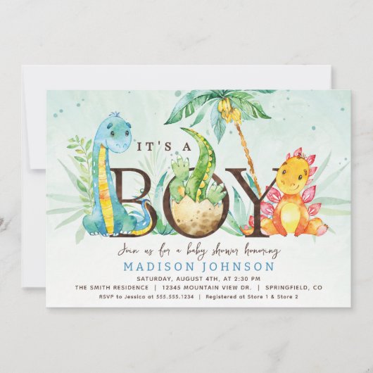 Boy Dinosaur Baby shower Invitation Kaart (Voorkant)