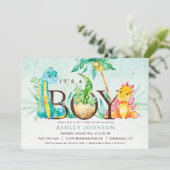 Boy Dinosaur Baby shower Invitation Kaart (Staand voorkant)