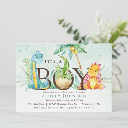 Boy Dinosaur Baby shower Invitation Kaart (Staand voorkant)