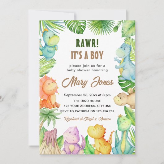 Boy Dinosaur Baby shower Kaart (Voorkant)