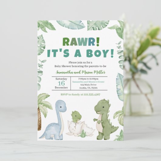 Boy Dinosaur Baby shower Kaart (Staand voorkant)