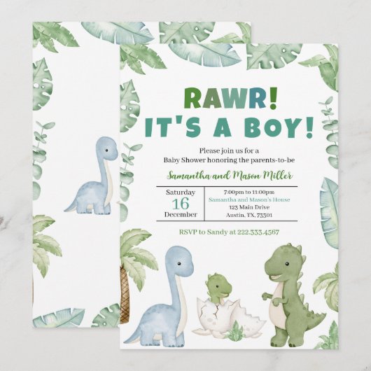 Boy Dinosaur Baby shower Kaart (Voorkant / Achterkant)