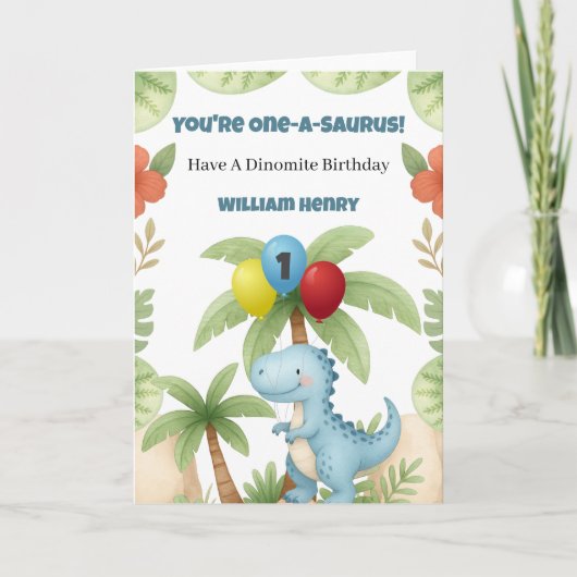 Boy Dinosaur One A Saurus 1st Birthday Card Kaart (Voorkant)
