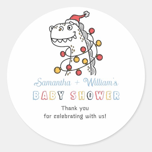Boy Dinosaur Winter Christmas Coed Baby shower Ronde Sticker (Voorkant)