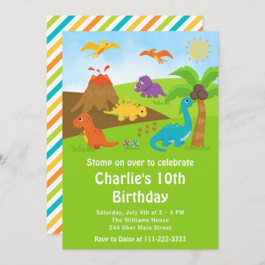 Boy Dinosaurs Birthday Party Invitation Kaart (Voorkant / Achterkant)
