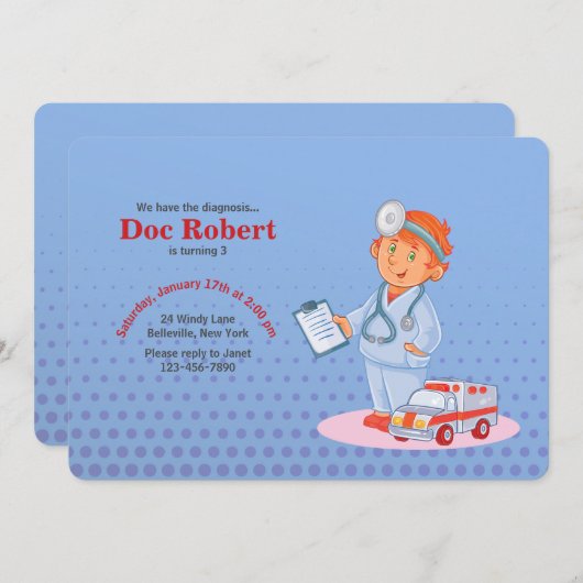 Boy Doctor verjaardagsfeestje uitnodiging (Voorkant / Achterkant)