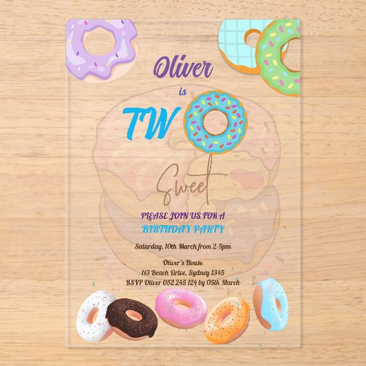 Boy Donut 2e verjaardag Acryl Uitnodigingen (Voorkant)