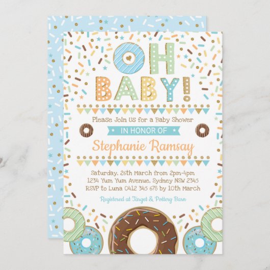 Boy Donut Baby shower Sprinkle Invitation Doughnut Kaart (Voorkant / Achterkant)