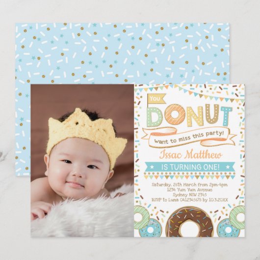Boy Donut Invitation Cute Doughnut Birthday Party Kaart (Voorkant / Achterkant)