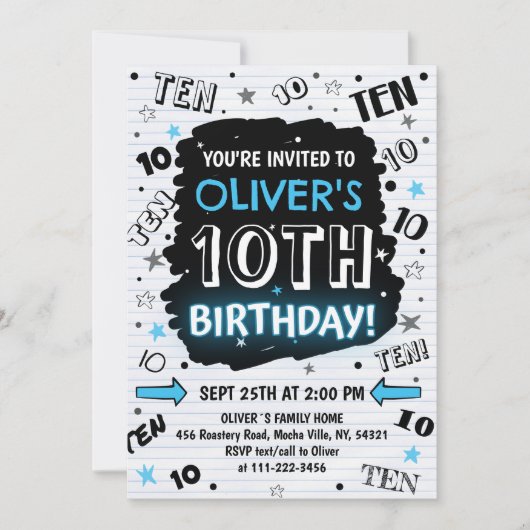 Boy Doodle 10th Birthday Invitation Kaart (Voorkant)