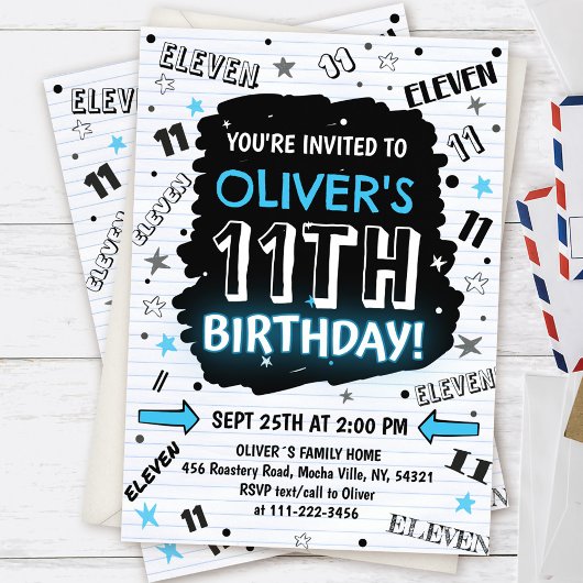 Boy Doodle 11th Birthday Invitation Kaart
