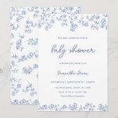 Boy Dusty Blue Floral Chinoiserie Baby shower Kaart (Voorkant / Achterkant)