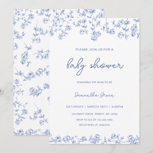 Boy Dusty Blue Floral Chinoiserie Baby shower Kaart (Voorkant / Achterkant)