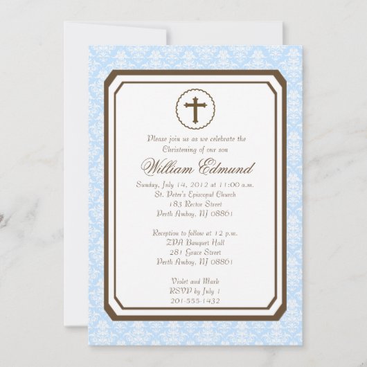 Boy Elegant Christening Uitnodiging - Blauw (Voorkant)