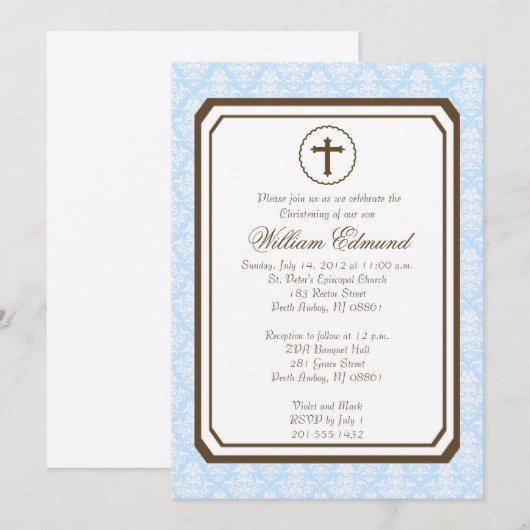Boy Elegant Christening Uitnodiging - Blauw (Voorkant / Achterkant)
