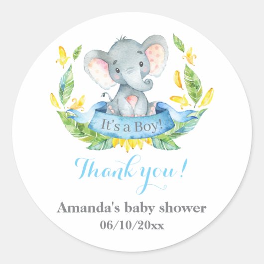 Boy Elephant Baby shower Blauw Bedankt Favor Ronde Sticker (Voorkant)