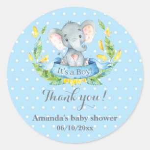 Boy Elephant Baby shower Blauw Bedankt Favor Ronde Sticker