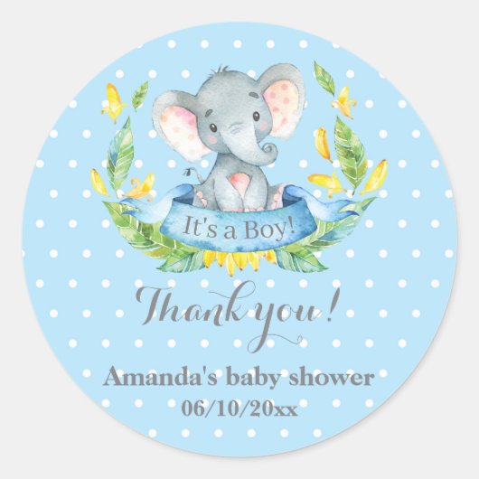 Boy Elephant Baby shower Blauw Bedankt Favor Ronde Sticker (Voorkant)
