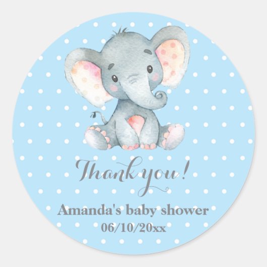 Boy Elephant Baby shower Blauw Bedankt Favor Ronde Sticker (Voorkant)
