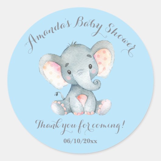Boy Elephant Baby shower Blauw Bedankt Favor Ronde Sticker (Voorkant)