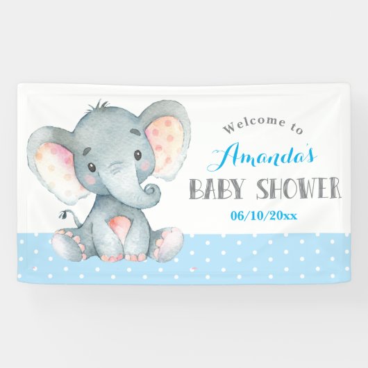 Boy Elephant Baby shower Blauw en Grijs Banner (Horizontaal)