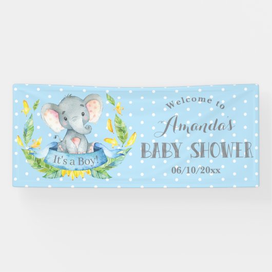 Boy Elephant Baby shower Blauw en Grijs Banner (Horizontaal)