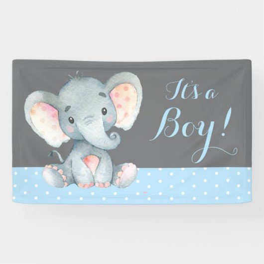 Boy Elephant Baby shower Blauw en Grijs Banner (Horizontaal)