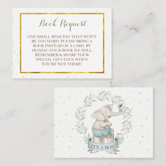 Boy Elephant Baby shower Boek Aanvraag Informatiekaartje (Voorkant / Achterkant)