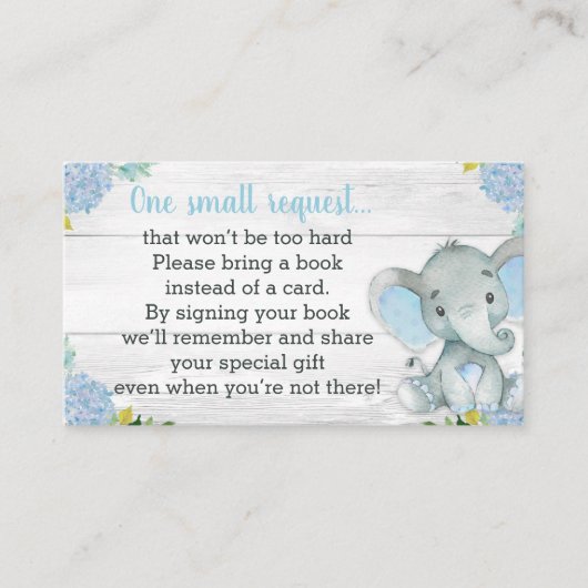 Boy Elephant Baby shower Boek Aanvraag Kaart (Voorkant)