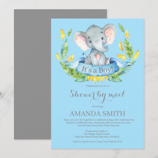 Boy Elephant Baby shower door de Uitnodiging van d (Voorkant / Achterkant)