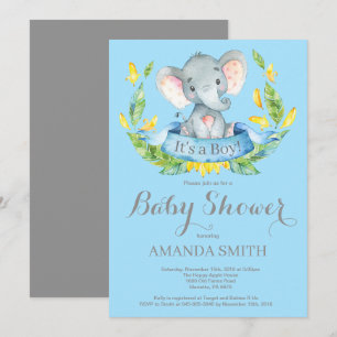 Boy Elephant Baby shower Invitation Blauw en Grijs Kaart