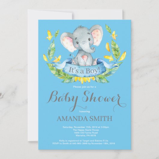Boy Elephant Baby shower Invitation Blauw en Grijs Kaart (Voorkant)