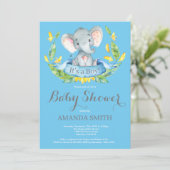 Boy Elephant Baby shower Invitation Blauw en Grijs Kaart (Staand voorkant)