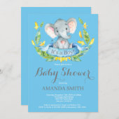 Boy Elephant Baby shower Invitation Blauw en Grijs Kaart (Voorkant / Achterkant)