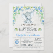 Boy Elephant Baby shower Invitation Blue Floral Kaart (Voorkant)