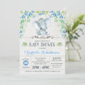 Boy Elephant Baby shower Invitation Blue Floral Kaart (Staand voorkant)