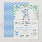 Boy Elephant Baby shower Invitation Blue Floral Kaart (Voorkant / Achterkant)